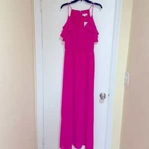 NWT Beautiful hot pink long dress. Sheer fabric with liner halfway down. Size M.